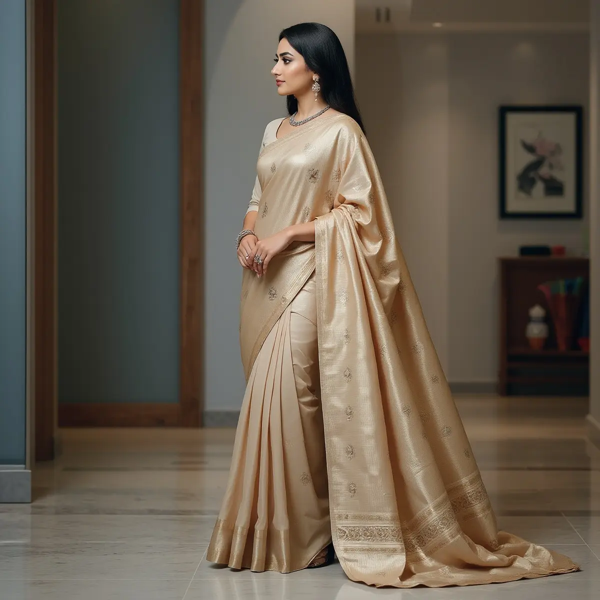 Side-profile-view-of-Indian-woman-wearing-elegant-beige-silk-saree-showing-the-draping-style-pleats-pallu-fall-professional-office-wear-graceful-side-pose-modern-office-setting.webp